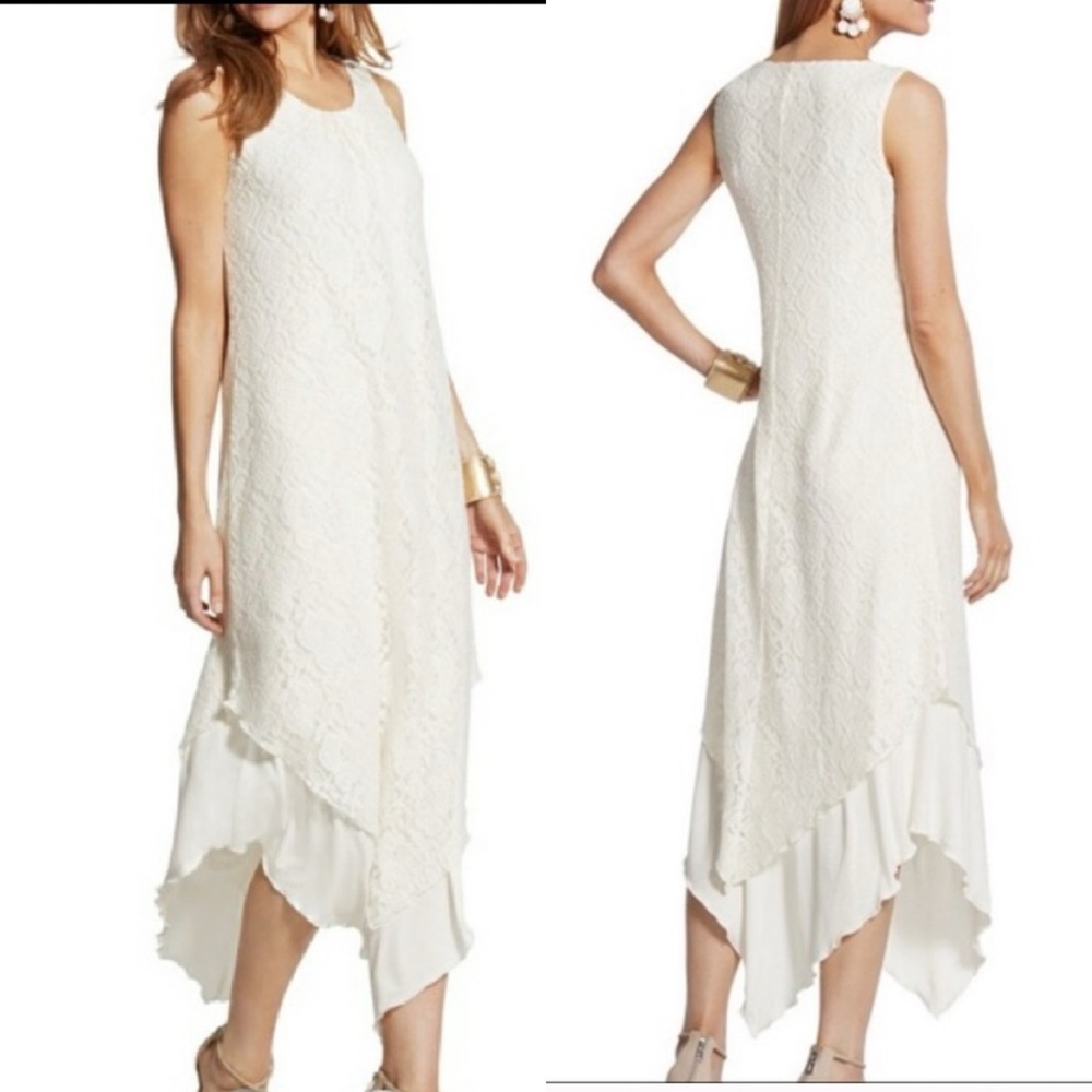 NWT Chico’s Ivory Lace Overlay Angled Hem Dress, 2 Petite